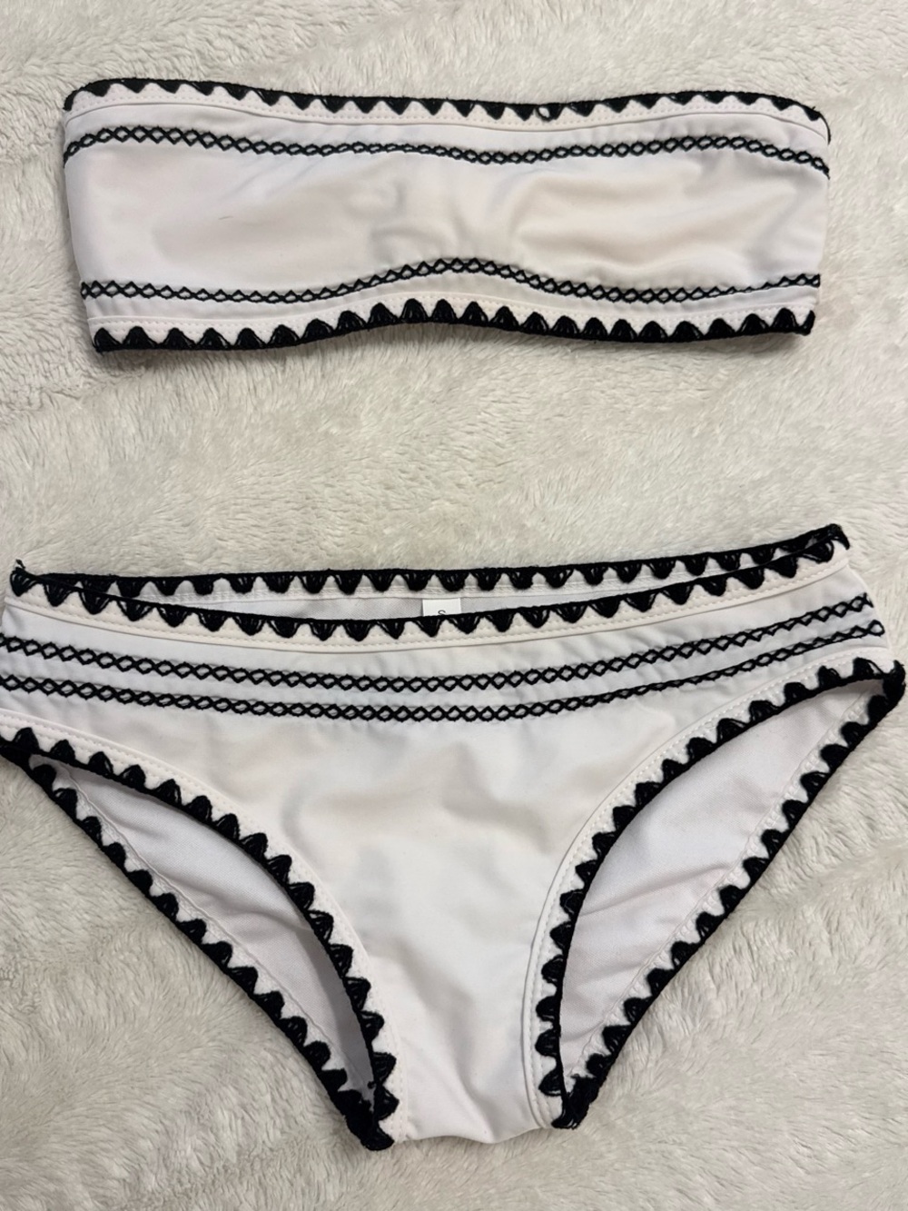Shein White Bandeau Bikini Set with Black Trim, Size Small